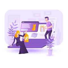 Young woman makes a purchase in the online store using credit card. The concept of online shopping at a discount. Vector illustration for web design, blogging and advertising posters.