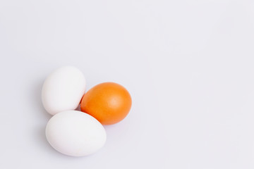 Two white and one brown egg on a white background. Healthy diet food. Space for text.