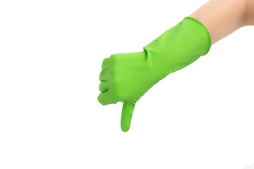Hand with green rubber protection glove isolated on white gesturing thumbs down, no. negative. Signs of gestures (language), gloves cleaning, kitchen gloves.