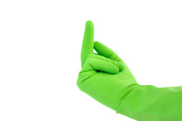 Hand with green rubber protective glove isolated on white gesturing middle finger. Signs of gestures (language), gloves cleaning, fuck kitchen gloves.