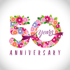 50 th anniversary numbers. 50 years old logotype. Floral pink congrats. Isolated abstract graphic design template. Creative holiday digits with vector mask. Up to 50%, -50% percent off discount.