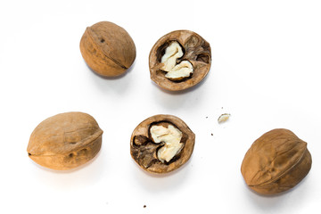 walnuts isolate on a white background in a shell half a whole brain owl