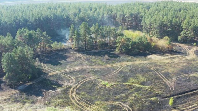 Smoke over forest, wild fire aerial view. Scorched earth and tree trunks after a spring fire in forest. Black burnt field. Extraordinary incident. Consequences of a forest fire