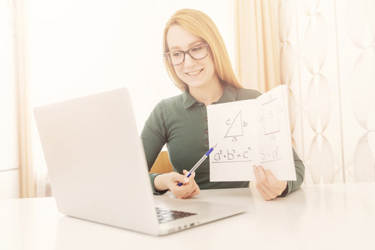 Online Study, Quarantined Math Teacher Parses Homework With School Students Via Webcam Chat