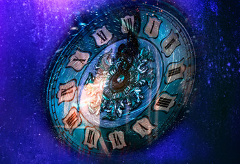 The magic clock struck midnight on a blue background
