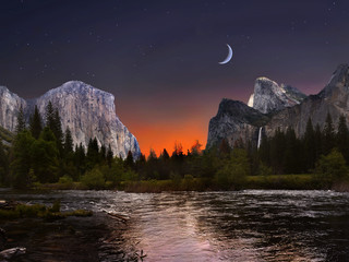 Night time landscape river mountains starry sky and moon before sunrise - Powered by Adobe
