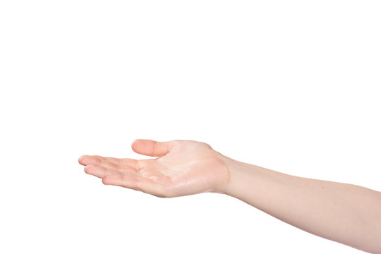 Female hand outstretched with open palm up. Isolated on a white background