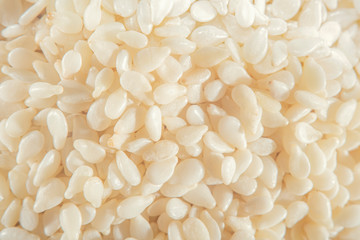 Light background with scattered sesame seeds at high magnification and an empty white background
