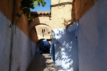 Old blue painted street in city of  Chefchaouen,Morocco.