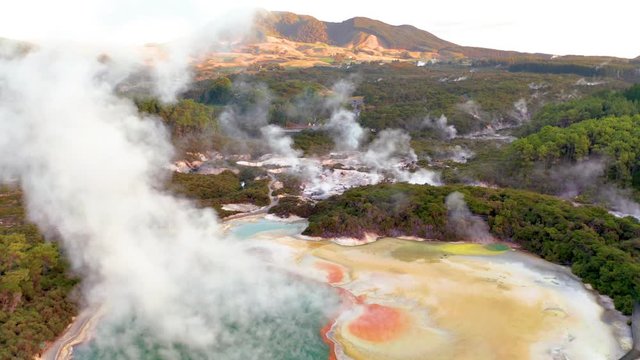 Geothermal Landscape with hot boiling mud and sulphur springs due to volcanic activity in Wai-O-Tapu, Thermal Wonderland New Zealand