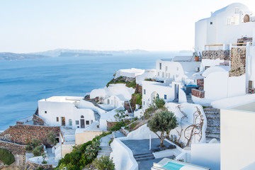 Beautiful view of famous romantic white town in Santorini Island, Greece