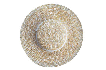 Top view Beautiful straw hat, beautiful with a ribbon and bow on the beach hat, white background