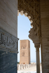 The Hassan Tower view from the Mausoleum of King Mohamed V in Rabat, Morocco