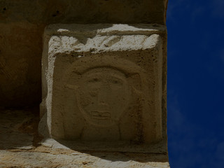 Detail of Romanesque bracket with mask in the cornice (12-13 Century) Church of San Pedro in the...