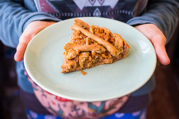 Apples fruits baked pastry pigtail pie or cake, tart. Sweet vegan non diary breakfast dessert....