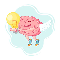 Brain character inspired by the idea soars up.The brain holds the light bulb. A symbol of a new idea that came to mind. Vector illustration. character inspired by the idea soars up.The brain holds the