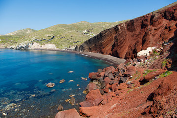 Beautiful scenery of red sand beach in akrotiri village Santorini, Greece