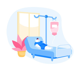 Clinic Chamber with Bandaged Patient Character Lying on Bed with Bounded Body, Broken Arms and Legs after Car Accident Applying Dropper. Hospital Traumatology Department. Cartoon Vector Illustration