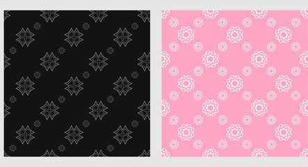 Two backgrounds, decorative wallpaper for your design. Samples of patterns for textiles, fabrics, interior design and gift wrapping. Used colors: black, silver, pink. Seamless pattern