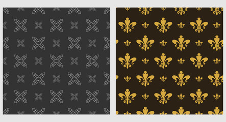 Two backgrounds. Patterns for wallpaper: Textiles, Fabric and gift wrapping. Colors: black, gold, gray. Seamless pattern.