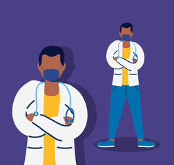 afro doctors with face masks characters