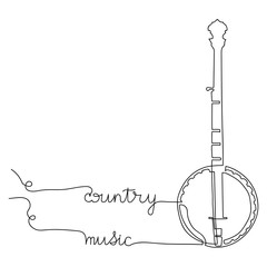 Western country music poster with american banjo, Continuous drawing of a single line. Vector design template in a linear style. Poster music concert, festival