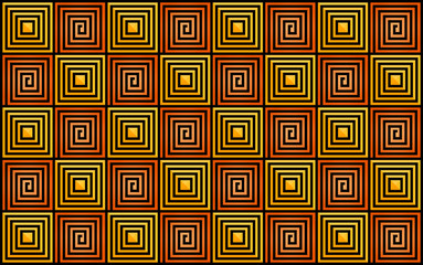 seamless geometric pattern, yellow and orange squares, rectangular shapes, repeating squares with black lines on it, scaling squares and twisted spiral,