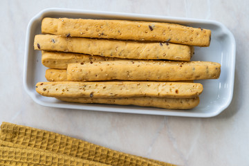 Italian Bread Sticks Grissini with Quinoa and Flax Seeds.