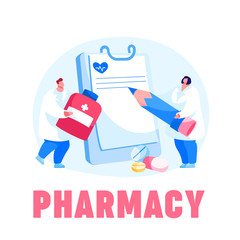Pharmacy, Health Care Concept. Doctor Character Carry Huge Medicine Pill for Illness Prevention, Writing Recipe for Remedy. Disease Treatment Poster Banner Flyer. Cartoon People Vector Illustration