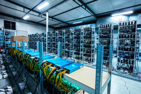 Bitcoin And Crypto Mining Farm. Big Data Center.