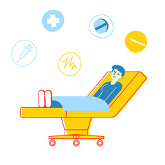 Healthcare Concept. Sick Injured Patient Character Lying in Medical Bed. Clinic Ward Hospital Interior, Recovery after Virus Disease, Preparation for Rhinoplasty Surgery. Linear Vector Illustration