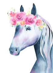 Watercolor illustration of a horse with flower wreath