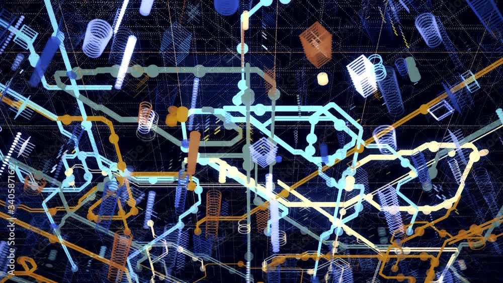Poster high tech computer circuit board with many signals flowing fast on black background, modern technolo