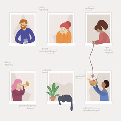 House facade with windows. People look out of window frames. Communication of neighbors on quarantine due to coronavirus.