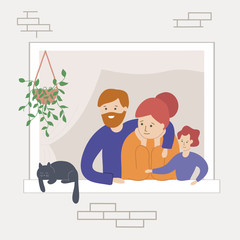 Family look out of window frame. Stay home concept.