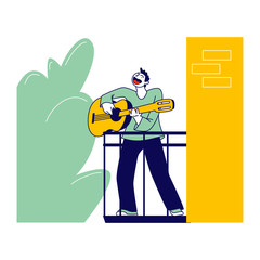 Male Character Stand on Balcony Playing Guitar and Singing Song during Covid19 Pandemic Quarantine Self Isolation. People Stay Home to Avoid Contagious Infection, Activity. Linear Vector Illustration