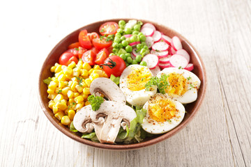 vegetable salad bowl with tomato, egg, corn, radish and pea