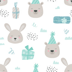 Scandinavian Teddy Animals Seamless Pattern. Baby Background with Cute Bear and Rabbit in Birthday Hats and Gift Boxes. Boy Blue Colored Woodland Paper or Fabric Design. Cartoon Vector Illustration