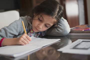 Seven years old girl doing homework at home