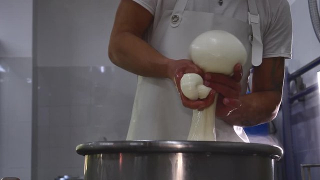 preparation of mozzarella in a dairy. mozzarella production: italian cheese factory, mozzarella, fresh cheese