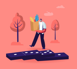 Character in Medical Mask Carry Shopping Bag with Products Pass by Dominoes during Covid19 Pandemic Quarantine Self Isolation. Virus Spreading, Chain Contagious Reaction. Cartoon Vector Illustration