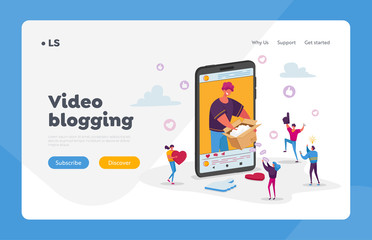 Characters Watch Broadcasting Expertise for Product Landing Page Template. Modern Influencer, Fashion Blogger Recording Video on Smartphone Unpacking Cardboard Box. Cartoon People Vector Illustration