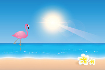 pink tropical flamingo on the beach with white frangipani flowers vector illustration EPS10