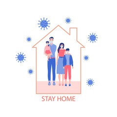 Banner template, stay at home. The family sits at home in masks, the concept of protection from the coronavirus. Vector illustration in a modern style.