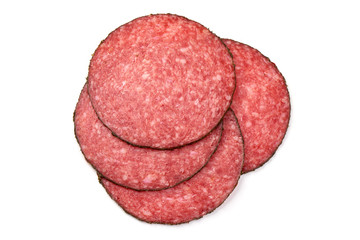Thinly Sliced Milano salami, isolated on white background