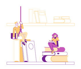 Tiny Student Characters at Huge Bookshelf Learning Homework or Prepare to Exams in University or College. Young People Get Education, Gain Knowledge, Reading Hobby. Linear People Vector Illustration