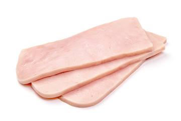 Boiled ham sausage slices, isolated on white background