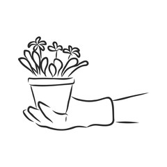 Hand drawn garden tools, Spring gardening, sketch. flower pot in hand vector sketch illustration