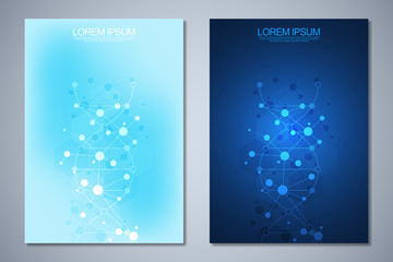 Templates brochure or cover book, page layout, flyer design with abstract background of molecular structures and DNA strand. Concept and idea for innovation technology, medical research, science.