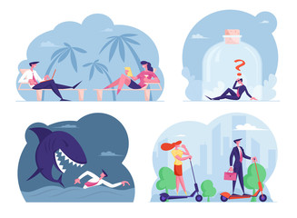 Obraz na płótnie Canvas Set Male and Female Business People Characters Working Distant from Exotic Resort, Escape Shark in Ocean, Sitting in Huge Glass Jar, Riding Electric Scooter in City Park. Cartoon Vector Illustration